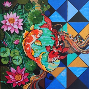 Koi halak jó szerencse brokátponty festmény, Művészet, Festmény, Akril, Festészet, MESKA