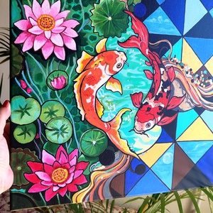 Koi halak jó szerencse brokátponty festmény - művészet - festmény - akril - Meska.hu