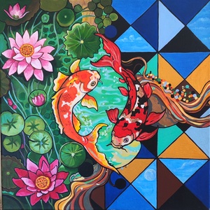 Koi halak jó szerencse brokátponty festmény - művészet - festmény - akril - Meska.hu