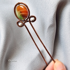 Kézműves réz hajtű fehér golyókkal és zöld-narancs acháttal - ruha & divat - hajdísz & hajcsat - hajcsat & hajtű - Meska.hu