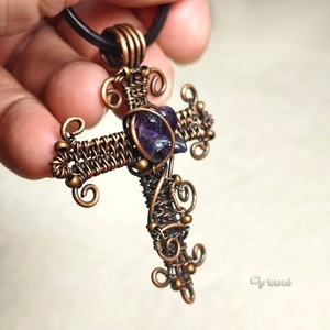 Asszimetrikus kereszt vörösrézréz medál ametiszt ásványokkal - ékszer - nyaklánc - medálos nyaklánc - Meska.hu