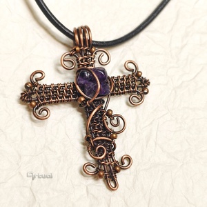 Asszimetrikus kereszt vörösrézréz medál ametiszt ásványokkal - ékszer - nyaklánc - medálos nyaklánc - Meska.hu