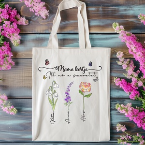 Személyre Szabható Mama Virágoskertje Táska,  Akár 8 névvel és születési hónapokkal - Tökéletes Ajándék Anyák napjára, Táska & Tok, Bevásárlás & Shopper táska, Shopper, textiltáska, szatyor, , MESKA