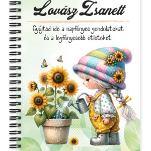 Személyre szabható - Locsolós napraforgós manó lány mintás A5-ös füzet, Otthon & Életmód, Papír, írószer, Jegyzetfüzet & Napló, , MESKA