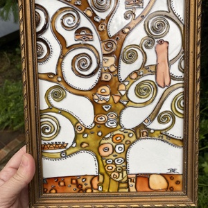 Klimt életfa - Üvegfestő művész  által szignózott, egyetlen darab, exkluzív üvegfestmény, antik keretben - művészet - festmény - üvegfestmény - Meska.hu
