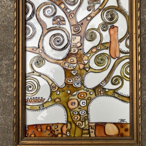 Klimt életfa - Üvegfestő művész  által szignózott, egyetlen darab, exkluzív üvegfestmény, antik keretben - művészet - festmény - üvegfestmény - Meska.hu