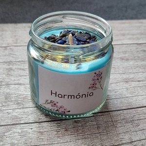 Harmónia - szójagyertya levendulával, lapis lazuli ásvánnyal, Otthon & Életmód, Gyertya, illat, aroma, Gyertya, Gyertya-, mécseskészítés, MESKA