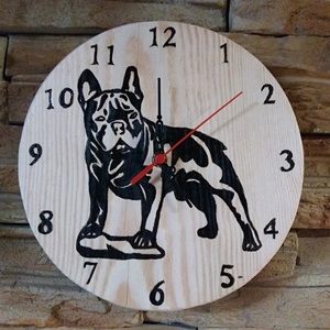 Francia bulldog kézműves falióra , Otthon & Életmód, Dekoráció, Fali és függő dekoráció, Falióra & óra, Famegmunkálás, Gravírozás, pirográfia, MESKA