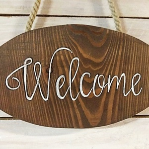 Welcome üdvözlő tábla dió színben - otthon & életmód - ház & kert - isten hozott tábla - Meska.hu