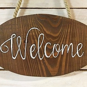 Welcome üdvözlő tábla dió színben - otthon & életmód - ház & kert - isten hozott tábla - Meska.hu