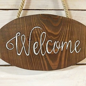 Welcome üdvözlő tábla dió színben - otthon & életmód - ház & kert - isten hozott tábla - Meska.hu