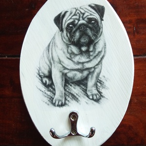 Fali póráz tartó Mopsz kutyussal , Otthon & Életmód, Tárolás & Rendszerezés, Fali tároló, Decoupage, transzfer és szalvétatechnika, Famegmunkálás, MESKA