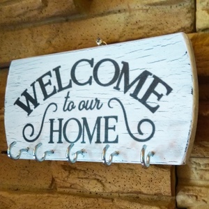 Vintage stílusú Welcome home fali kulcstartó , Otthon & Életmód, Dekoráció, Fali és függő dekoráció, Fali kulcstartó, Decoupage, transzfer és szalvétatechnika, Famegmunkálás, MESKA