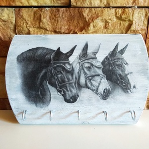Fa fali kulcstartó lovakkal , Otthon & Életmód, Dekoráció, Fali és függő dekoráció, Fali kulcstartó, Famegmunkálás, Decoupage, transzfer és szalvétatechnika, MESKA