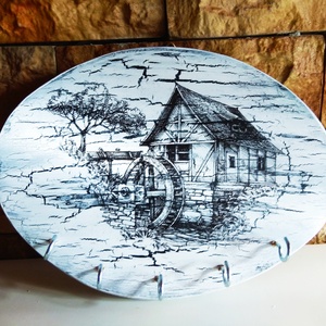 Régi vízimalom.Vintage stílusú fa fali kulcstartó , Otthon & Életmód, Dekoráció, Fali és függő dekoráció, Fali kulcstartó, Decoupage, transzfer és szalvétatechnika, Famegmunkálás, MESKA