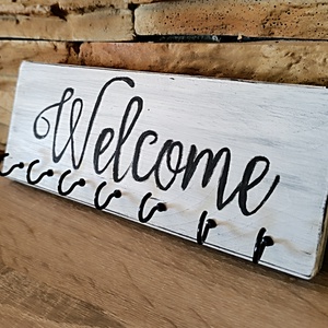 Welcome fehér fa, vintage stílusú fali kulcstartó  - otthon & életmód - dekoráció - fali és függő dekoráció - fali kulcstartó - Meska.hu