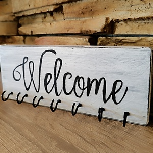 Welcome fehér fa, vintage stílusú fali kulcstartó  - otthon & életmód - dekoráció - fali és függő dekoráció - fali kulcstartó - Meska.hu