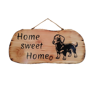 Nagyméretű tacskós fatábla home sweet home felirattal , Otthon & Életmód, Ház & Kert, Isten hozott tábla, Famegmunkálás, MESKA