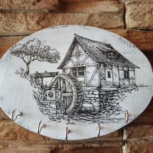 Régi vízimalom.Vintage stílusú fa fali kulcstartó  - otthon & életmód - dekoráció - fali és függő dekoráció - fali kulcstartó - Meska.hu