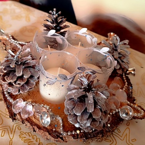 Adventi asztaldísz fakorongon 4 gyertyával 1., Karácsony, Adventi díszek, Adventi gyertyadíszek és koszorúdíszek, Famegmunkálás, MESKA