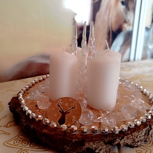 Adventi asztaldísz fakorongon 4 gyertyával,ezüstös színben , Karácsony, Adventi díszek, Adventi asztaldísz, Famegmunkálás, MESKA