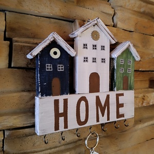 Home felirattal díszített fából készült házikós fali kulcstartó  - otthon & életmód - dekoráció - fali és függő dekoráció - fali kulcstartó - Meska.hu