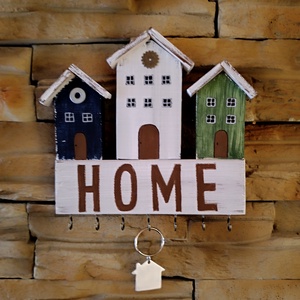 Home felirattal díszített fából készült házikós fali kulcstartó  - otthon & életmód - dekoráció - fali és függő dekoráció - fali kulcstartó - Meska.hu