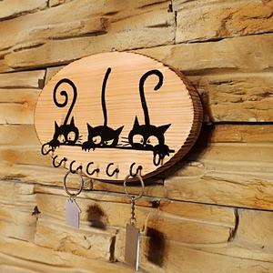 Fa fali kulcstartó fekete cicákkal - otthon & életmód - dekoráció - fali és függő dekoráció - fali kulcstartó - Meska.hu