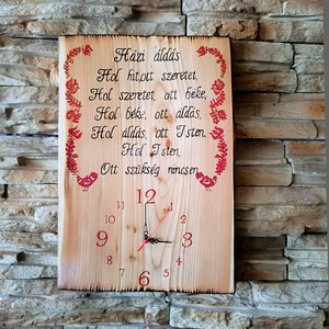 Nagyméretű fából készült falióra Házi áldással és magyar motívummal - Meska.hu