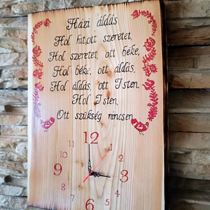 Nagyméretű fából készült falióra Házi áldással és magyar motívummal - otthon & életmód - vallás - házi áldás - Meska.hu