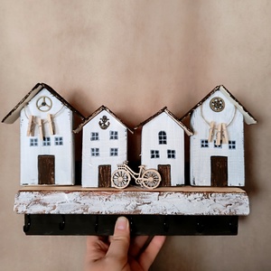 Utcakép, kerékpár, házikó,csipeszek fa fali kulcstartó  - otthon & életmód - dekoráció - fali és függő dekoráció - fali kulcstartó - Meska.hu