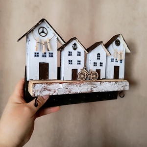 Utcakép, kerékpár, házikó,csipeszek fa fali kulcstartó  - otthon & életmód - dekoráció - fali és függő dekoráció - fali kulcstartó - Meska.hu