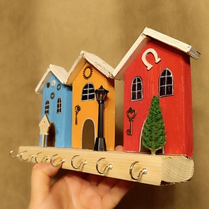 Színes házikós fa fali kulcstartó  - otthon & életmód - dekoráció - fali és függő dekoráció - fali kulcstartó - Meska.hu