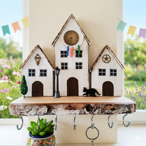 Egyedi tervezésű fa fali kulcstartó házikókkal és fekete macskával díszítve , Otthon & Életmód, Dekoráció, Fali és függő dekoráció, Fali kulcstartó, Famegmunkálás, MESKA