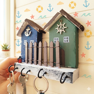 Fa fali kulcstartó két kis házikóval, Otthon & Életmód, Dekoráció, Fali és függő dekoráció, Fali kulcstartó, Famegmunkálás, MESKA