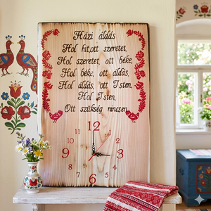 Nagyméretű fából készült falióra Házi áldással és magyar motívummal, Otthon & Életmód, Vallás, Házi áldás, Famegmunkálás, MESKA