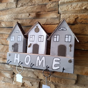Otthon melege � Három házikós HOME kulcstartó  - otthon & életmód - dekoráció - fali és függő dekoráció - fali kulcstartó - Meska.hu
