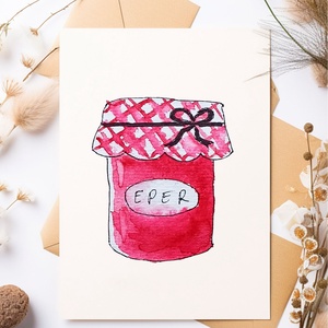 Eperlekvár képeslap, vidám akvarell üdvözlőlap, festett ajándékkísérő, művészi illusztráció, cottagecore, születésnap - Meska.hu