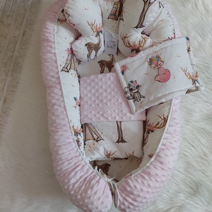 Rókás, szarvasos babafészek szett, halványrózsaszín minkyvel, Otthon & Életmód, Babaszoba, gyerekszoba, Baba ágynemű, Varrás, MESKA