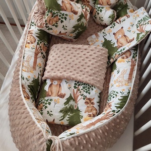 Erdei állatok, középbézs, XL-es babafészek szett, Baba - mama, Babaágyneműk, Babafészek, Varrás, MESKA