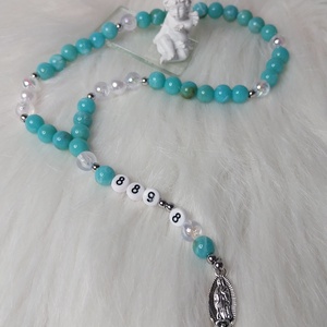 Kék rózsafüzér Szűz Máriával Grabovoj 889 Hála 8 energiával - ékszer - nyaklánc - gyöngyös nyaklánc - Meska.hu