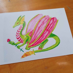 Képeslap - Szegfűt tartó sárkány, Otthon & Életmód, Papír, írószer, Ajándékozás kellékei, Képeslap, üdvözlőlap, Festészet, MESKA