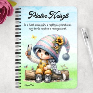 Személyre szabható - Selfie napraforgós manó lány mintás A6-os füzet - otthon & életmód - papír, írószer - jegyzetfüzet & napló - Meska.hu