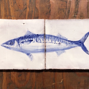Kézzel festett mázazott portugál csempekép Makréla hal, 2 db-os kompozíció, Otthon & Életmód, Dekoráció, Fali és függő dekoráció, Csempe, Festett tárgyak, Festészet, MESKA