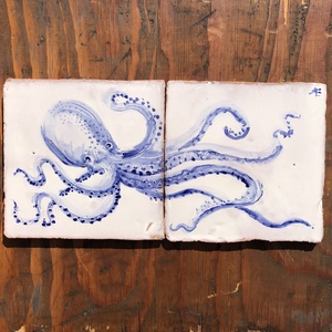 Kézzel festett mázazott portugál csempekép POLIP, 2 db-os kompozíció, Otthon & Életmód, Dekoráció, Fali és függő dekoráció, Csempe, Festett tárgyak, Festészet, MESKA