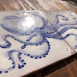 Kézzel festett mázazott portugál csempekép POLIP, 2 db-os kompozíció - otthon & életmód - dekoráció - fali és függő dekoráció - csempe - Meska.hu