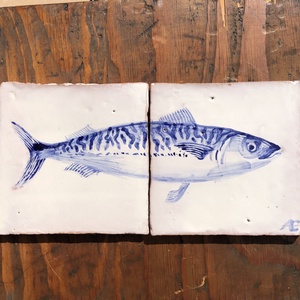 Kézzel festett mázazott portugál csempekép Makréla hal, 2 db-os kompozíció, Otthon & Életmód, Dekoráció, Fali és függő dekoráció, Csempe, Festett tárgyak, Festészet, MESKA