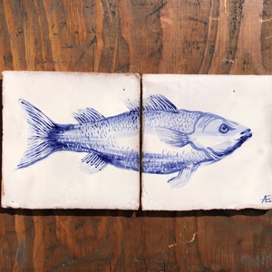 Kézzel festett mázazott portugál csempekép hal, 2 db-os kompozíció, Otthon & Életmód, Dekoráció, Fali és függő dekoráció, Csempe, Festett tárgyak, Festészet, MESKA