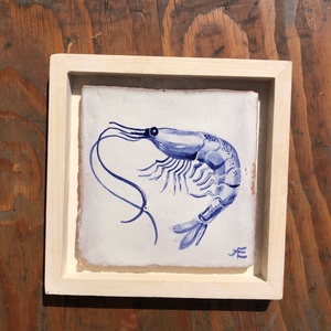 Kézzel festett mázazott portugál csempe garnéla rák mintával, Otthon & Életmód, Dekoráció, Fali és függő dekoráció, Csempe, Festett tárgyak, Festészet, MESKA