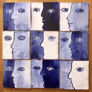 Kézzel festett, mázazott portugál csempekép arcok, 9db-os kompozíció, Otthon & Életmód, Dekoráció, Fali és függő dekoráció, Csempe, Festett tárgyak, Festészet, MESKA